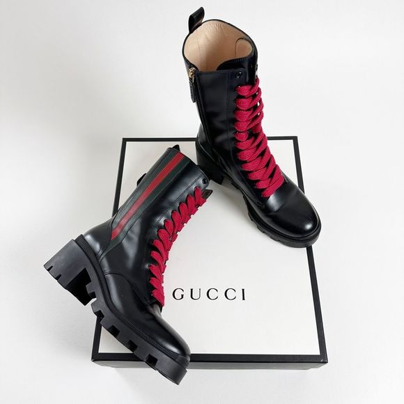 Gucci Shoes - GUCCI Black Web Stripe Magnum Combat Boots 40 US 9.5 Lace Up Leather Cirano Lux